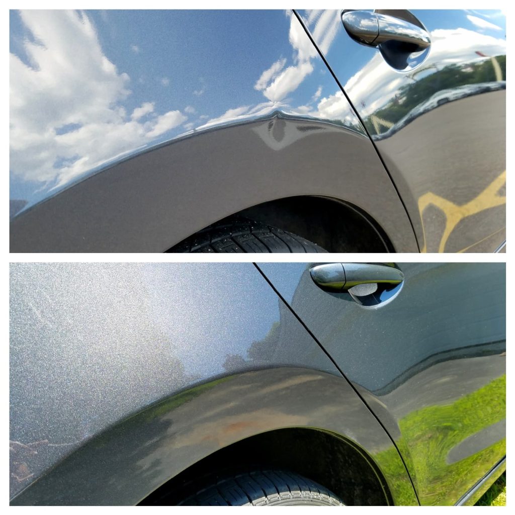 Before and after of a dent being repaired